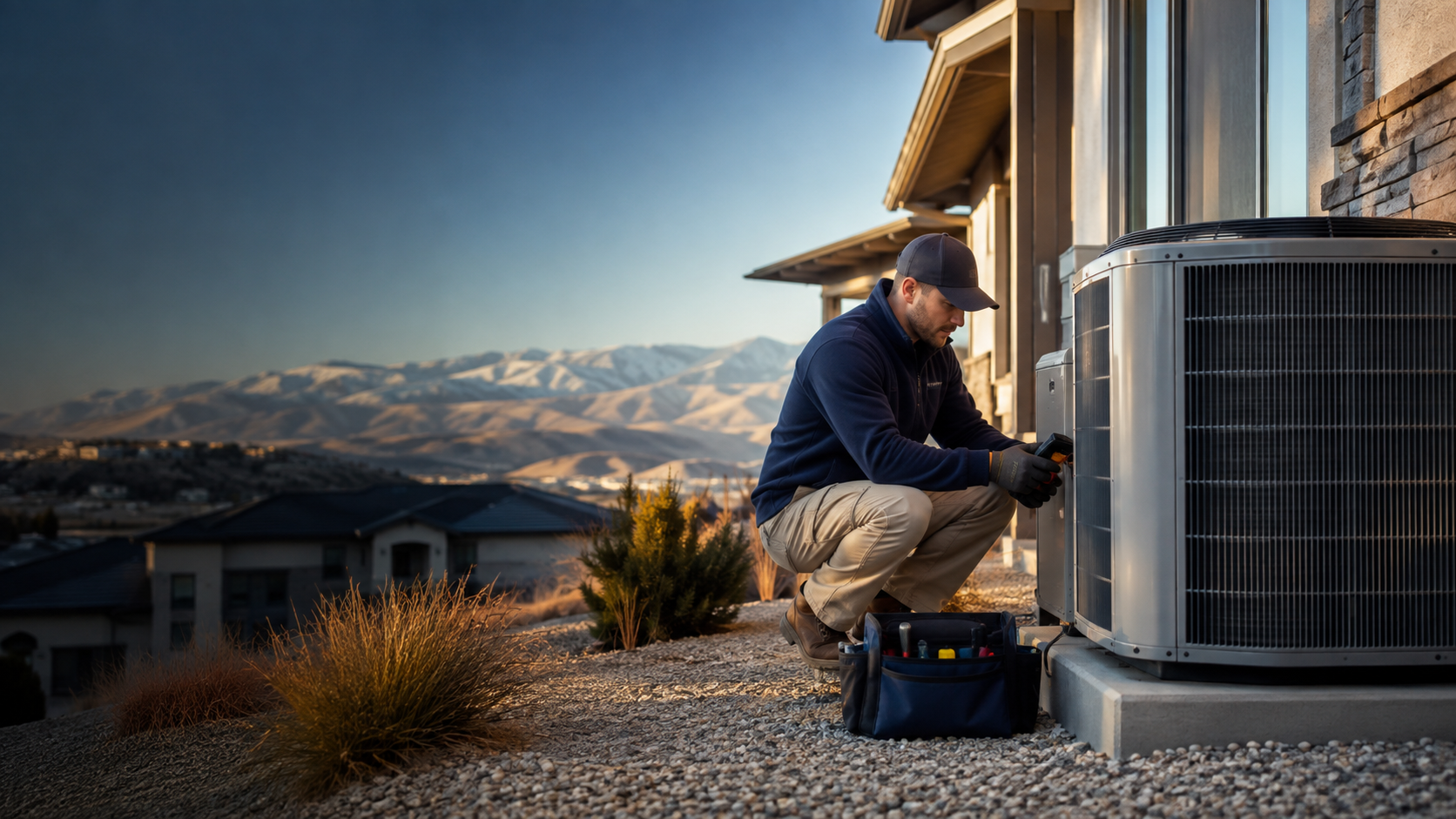 HVAC technician inspecting an outdoor comfort system at a Reno-area home